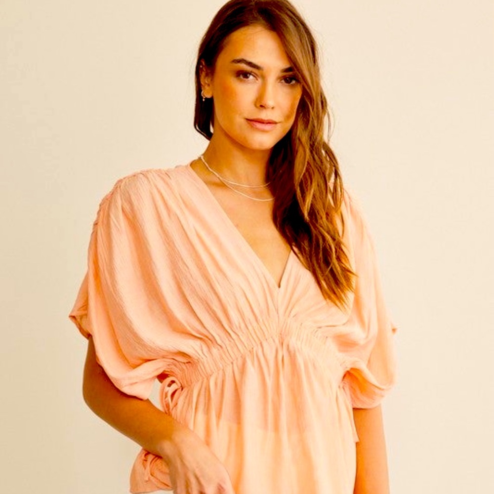 In February Crinkle Fabric Plunge Front Ruffled Blouse - New